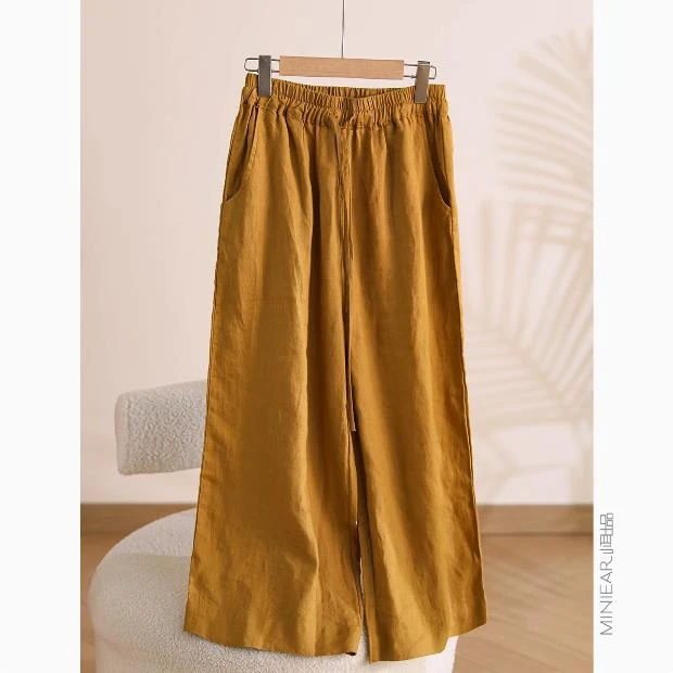 2025新款会呼吸的麻裤休闲百搭亚麻纯色松紧腰洋气妈妈装高级感