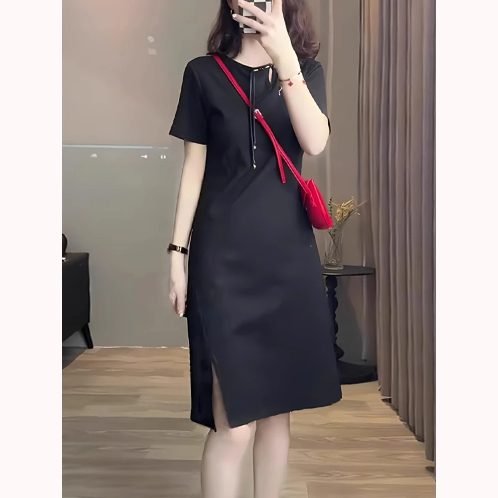国风新款大码连衣裙2025夏款女装气质黑色简约高级感盘扣短袖开叉