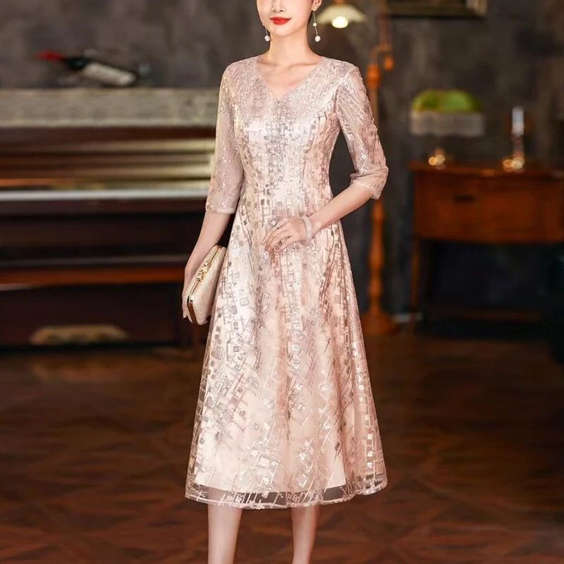 喜婆婆婚宴装短袖连衣裙女春季新款妈妈休闲参加婚礼敬酒礼服裙子