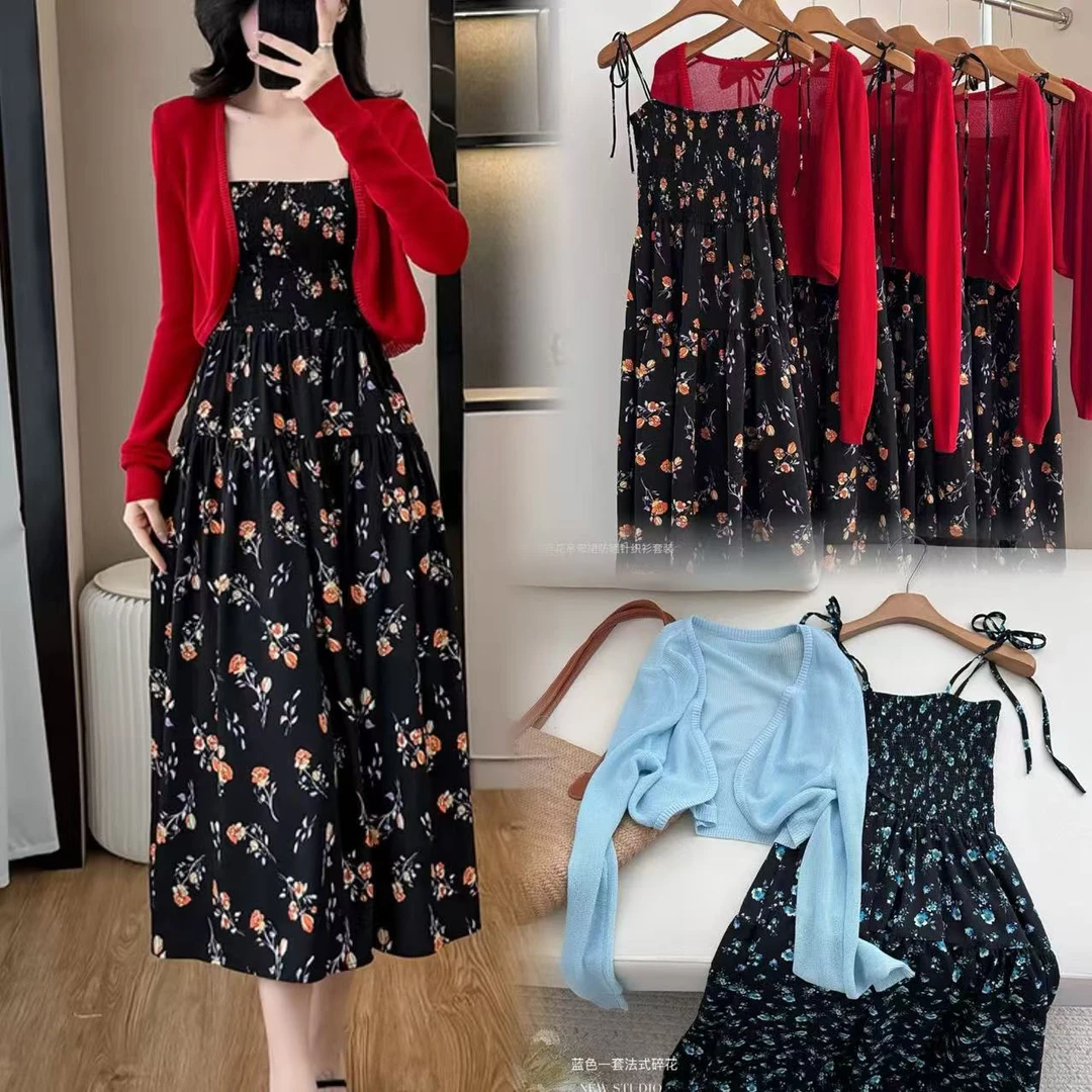 法式复古碎花吊带连衣裙2025年春夏新款气质收腰显瘦长裙两件套