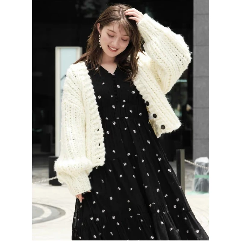 【DD外贸】 秋冬 F 泉里香同款纯色粗针织百搭开衫外套时尚宽松