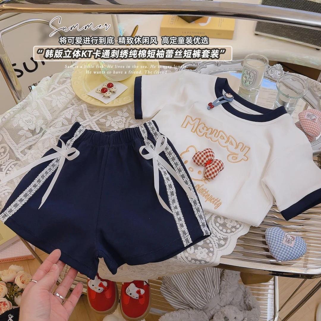 夏季新款女童洋气时尚短袖短裤刺绣花边纯棉套装W