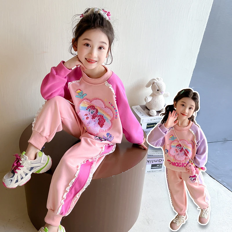 女童亮片套装2025新款儿童春秋装韩版洋气女宝春季花边卫衣两件套