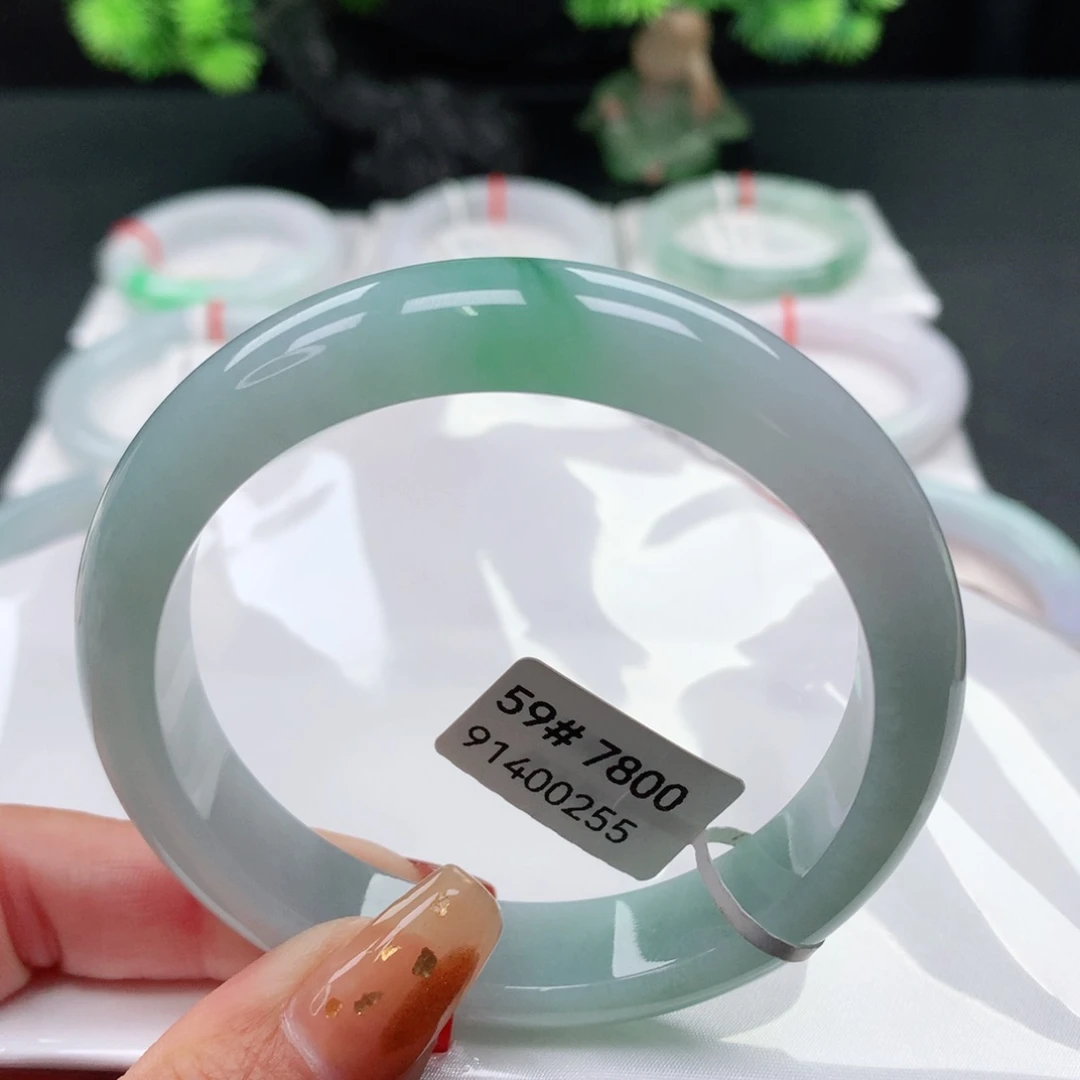 翡翠手镯未镶嵌 正圈59 冰种胶润 孔雀蓝