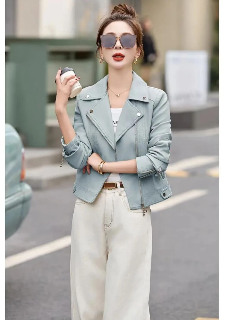 设计感酷飒风西装领时尚机车皮夹克百搭皮衣外套女（B17-4）6569