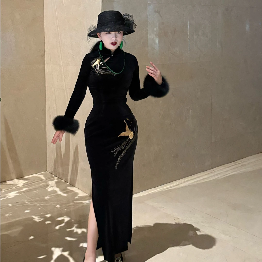 LHMknk1画报夫人原创自制新中式显瘦刺绣丝绒秋冬旗袍 丝绒金蝶