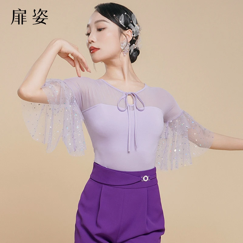 扉姿 摩登舞上衣女士新款国标舞练功服连体衣网纱亮片跳舞衣F1246