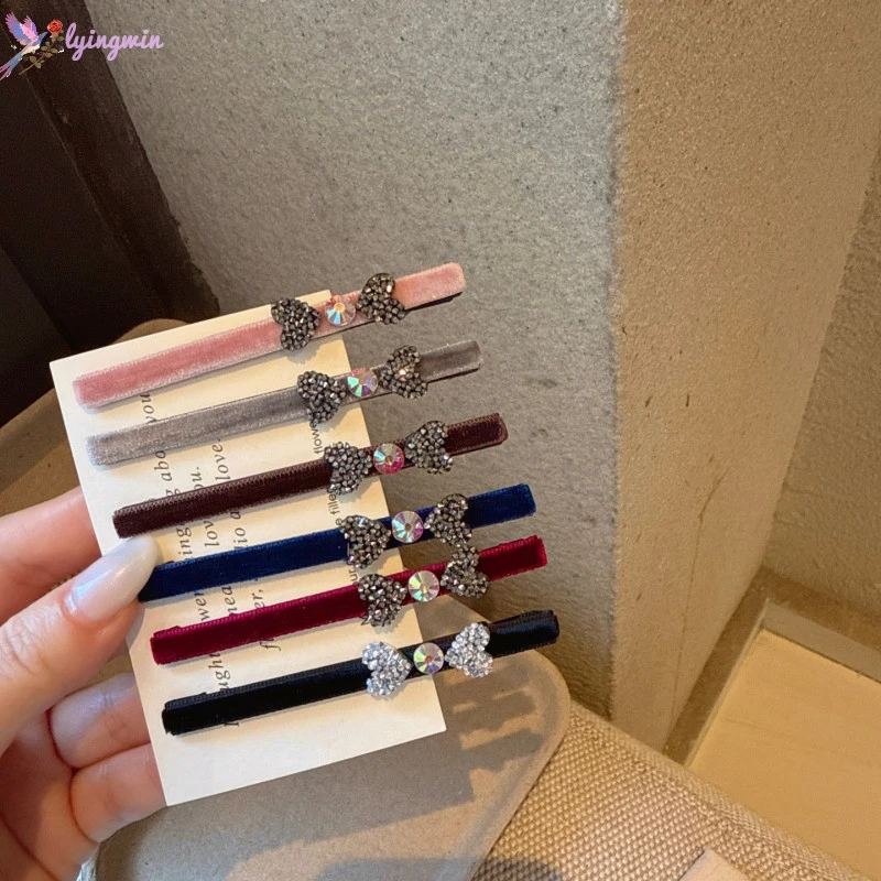 气质甜美丝绒砂糖蝴蝶结水钻鸭嘴夹简约侧边夹刘海碎发夹时尚发饰