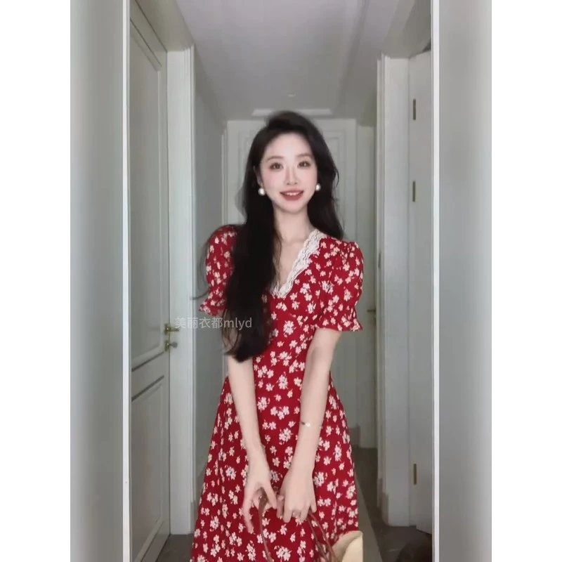 MLYD/定制 大码复古红色泡泡袖碎花连衣裙女法式v领气质度假长裙