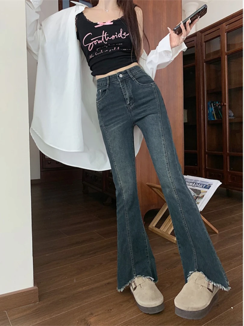 开叉微喇牛仔裤秋季新款大码胖mm弹力显瘦梨形身材毛边喇叭长裤子