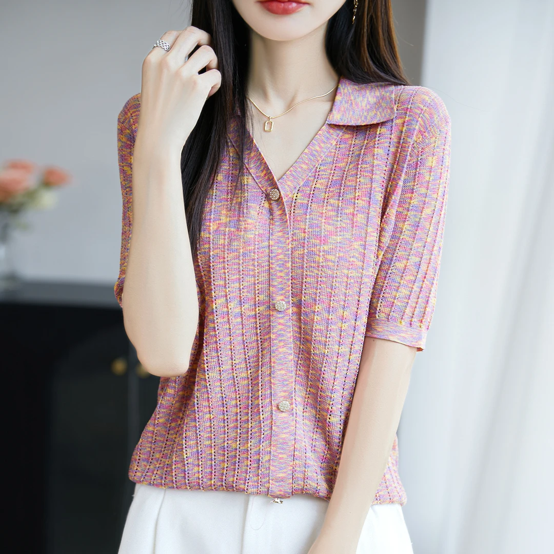 胖mm夏装大码冰丝针织衫女士短袖t恤宽松遮肚子巨显瘦polo领上衣