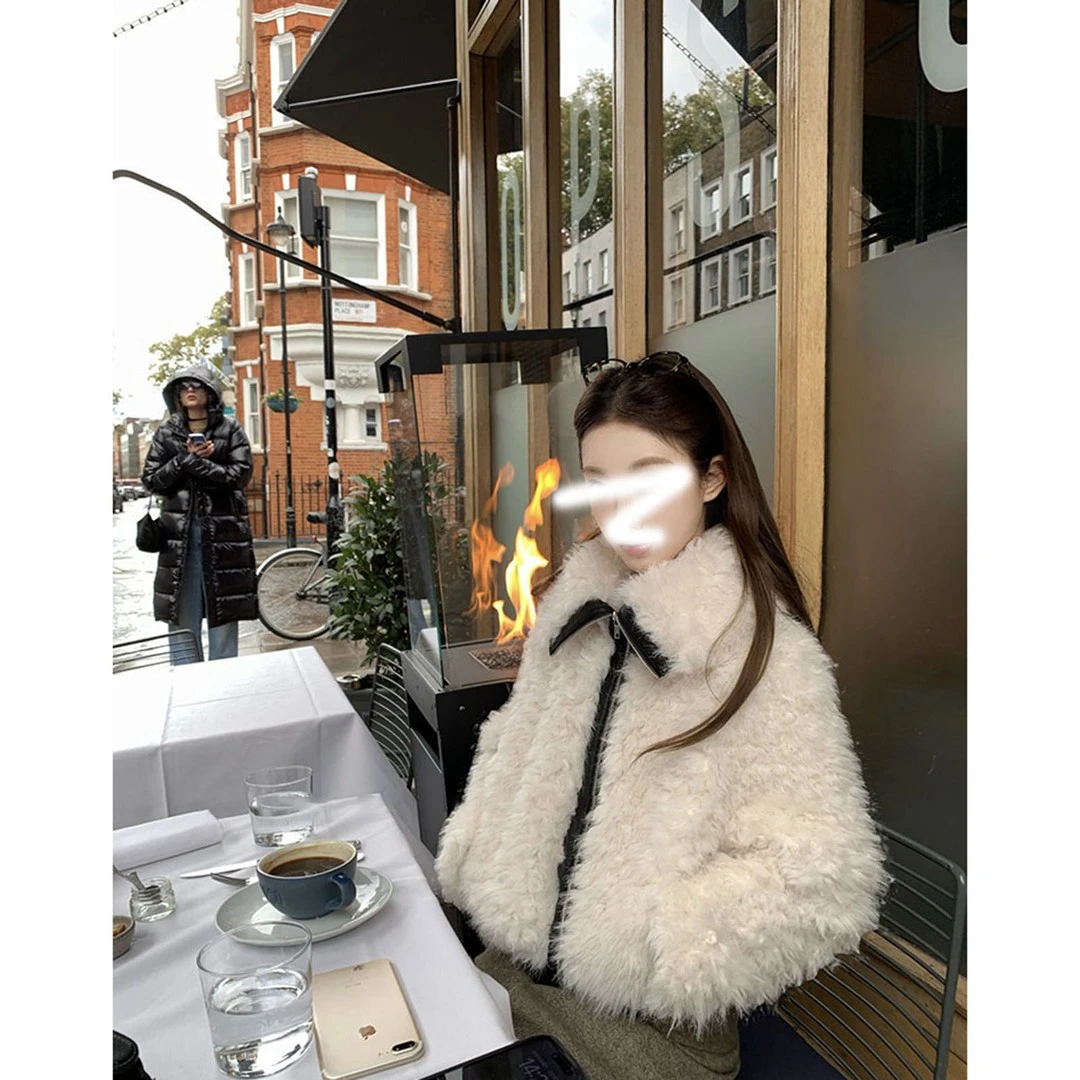 【雪松奶贝】韩版时尚宽松保暖上衣设计感毛拼皮翻领长袖拉链外套