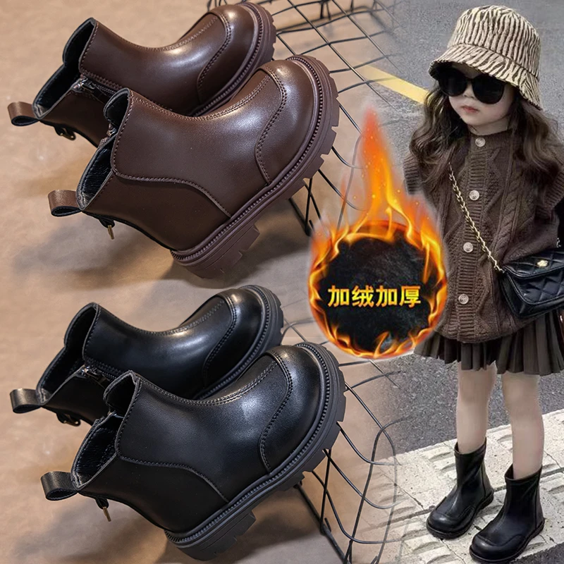 2025秋冬新款男童女童靴子英伦加绒棉鞋儿童皮靴短靴软皮马丁靴子