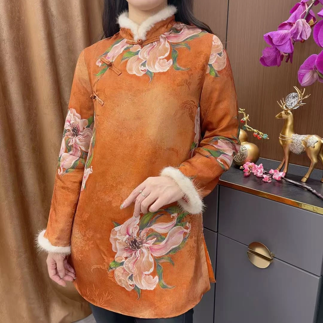 心想事橙复古立领中式加棉旗袍