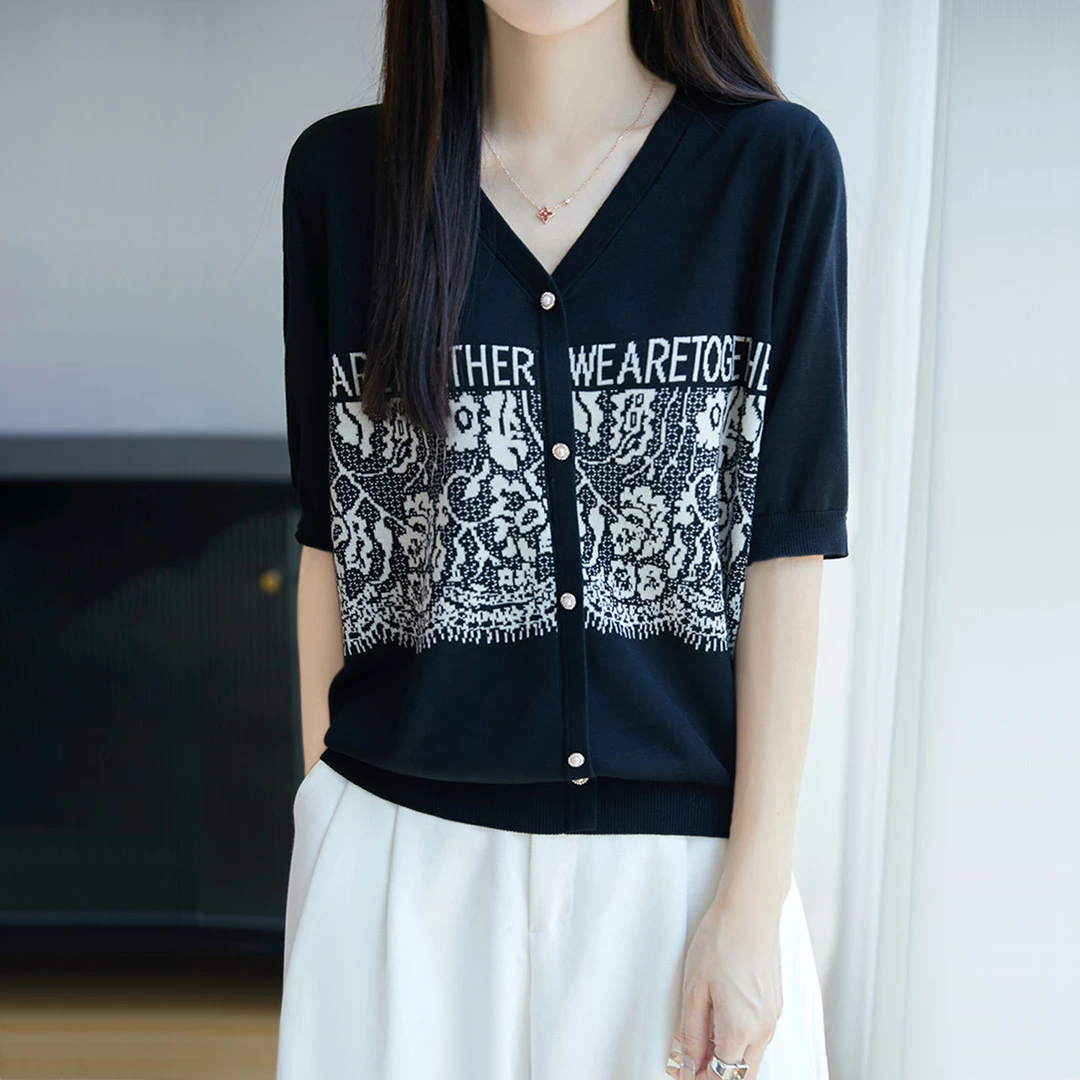 新款洋气时尚拼色提花V领百搭针织T恤女夏季新款短袖流行针织衫潮
