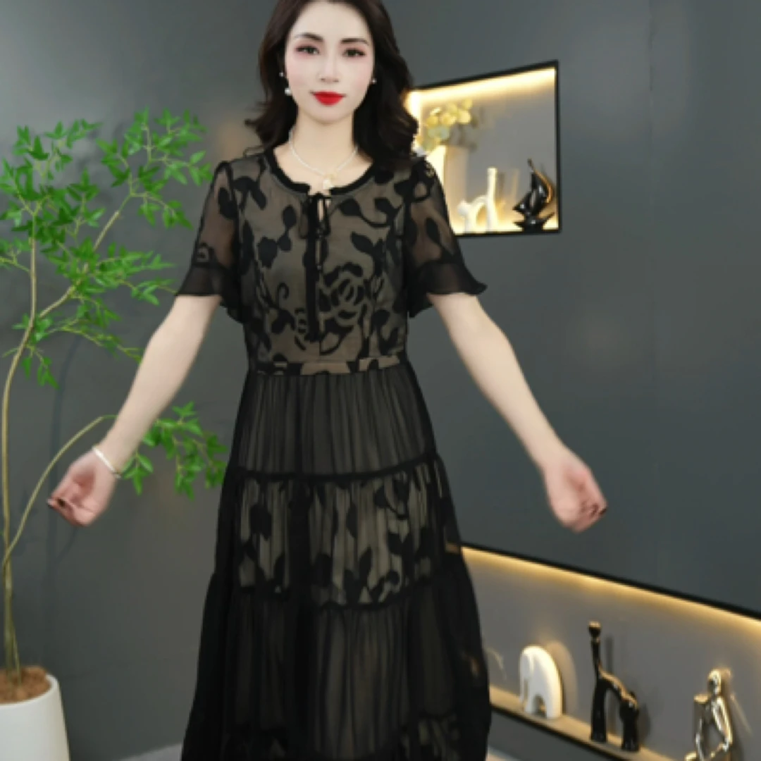 7170连衣裙显瘦夏季黑色气质中长款洋气