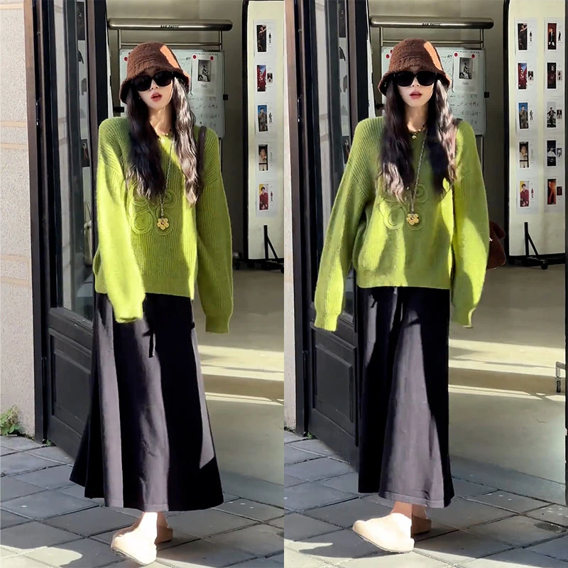 慵懒风宽松针织衫毛衣半身裙套装女2025秋季新款设计感休闲两件套