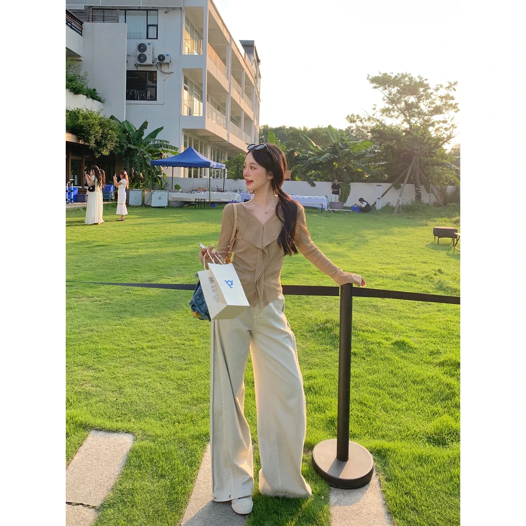 切糕自制【拉花奶咖】小个子秋季纯欲慵懒流光性风通勤韩系针织衫