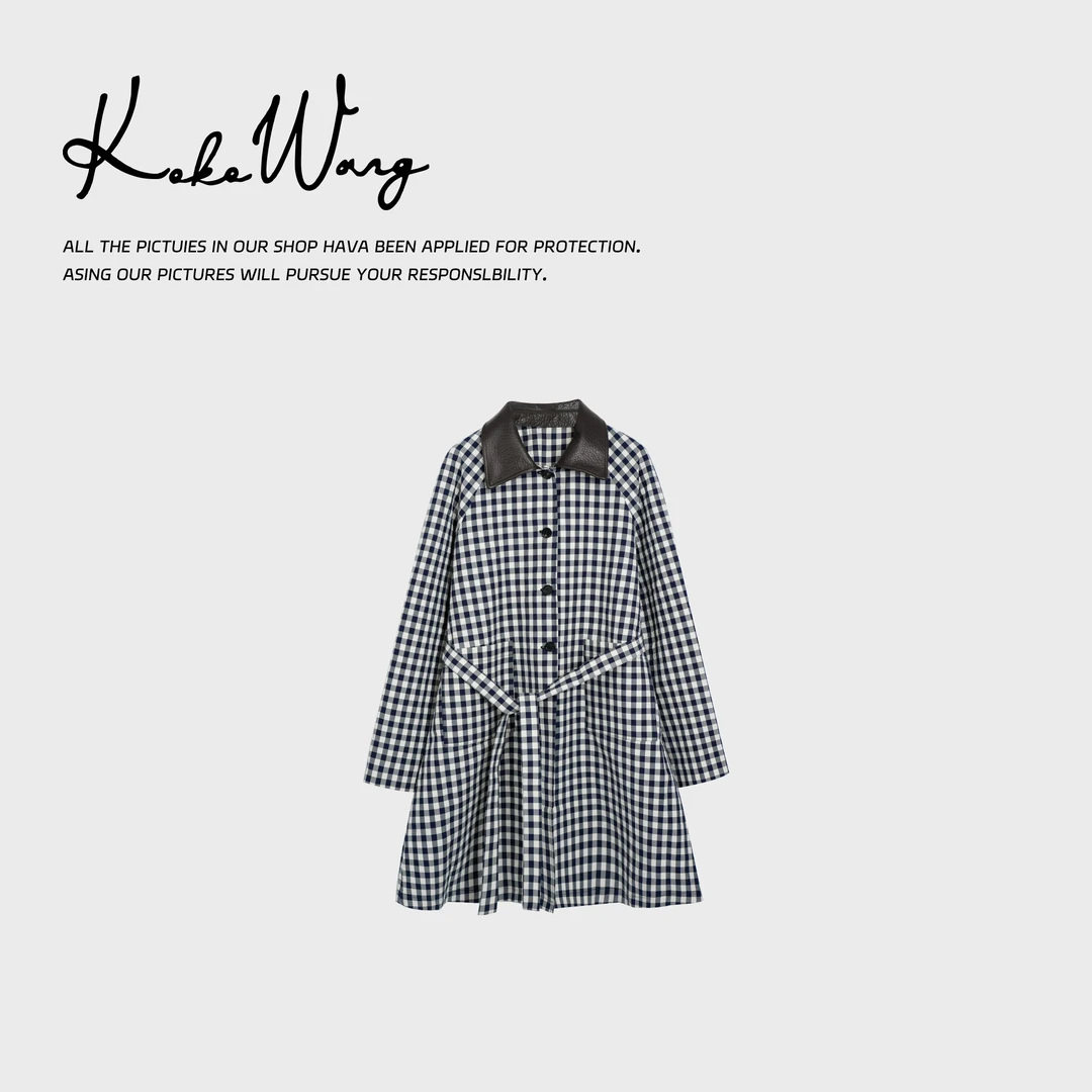 KOKO WANG【格局】复古英伦撞色中长款百搭格子风衣外套N0685A02W49