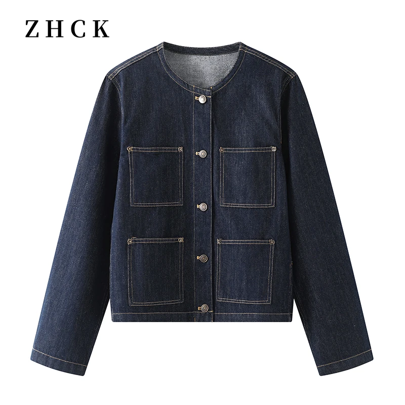 四口袋深蓝色牛仔短外套女2025早春新款复古正肩休闲上衣女