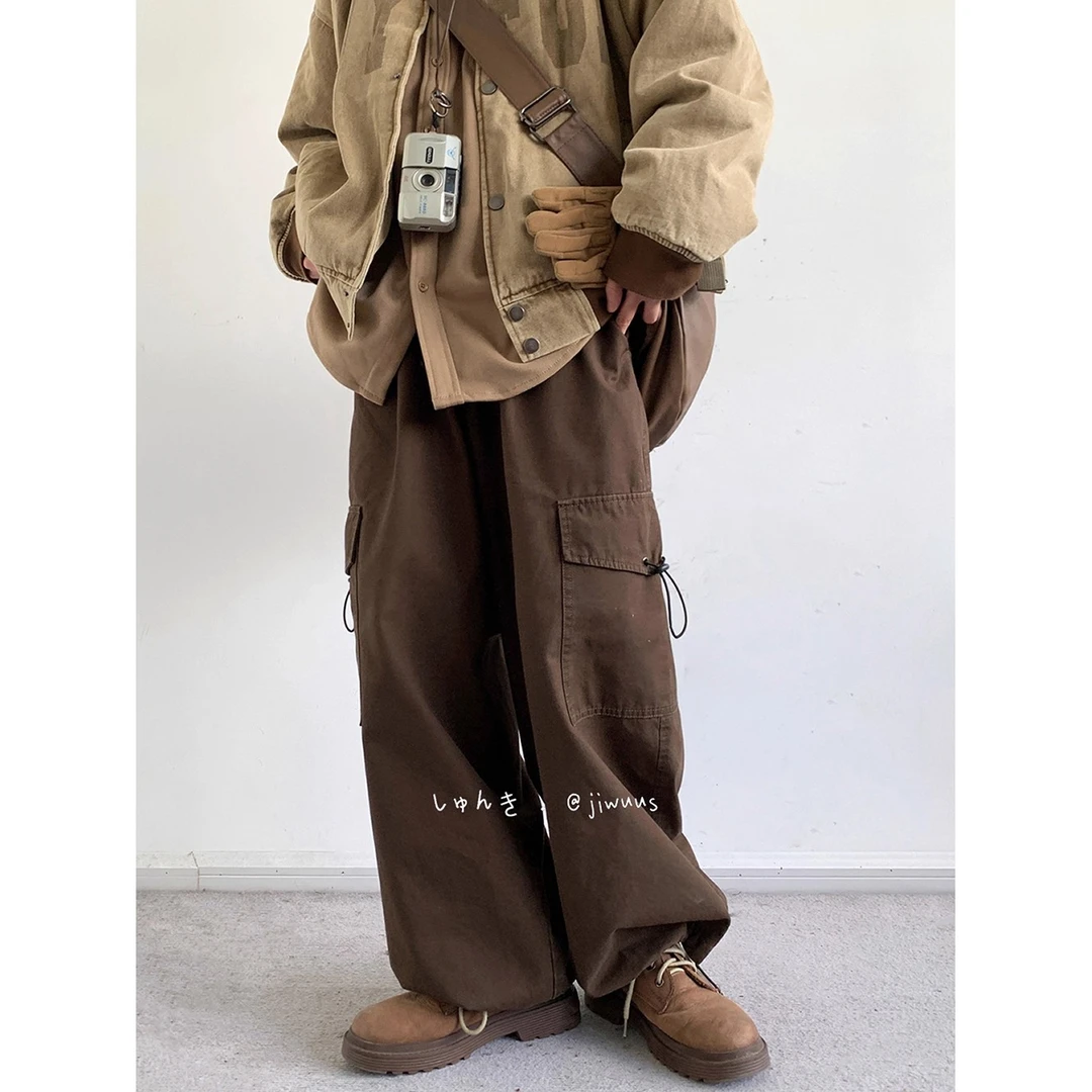 VALVOELITE秋冬日系复古基础款咖啡色工装裤男女生阔腿宽松休闲裤