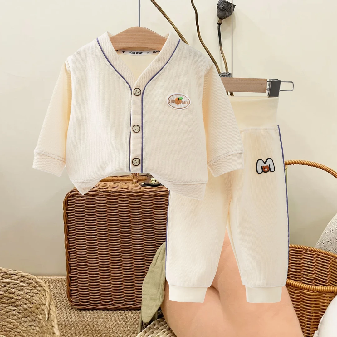 春季新款沿边对门开衫套装宝宝保暖分体套装舒适亲肤