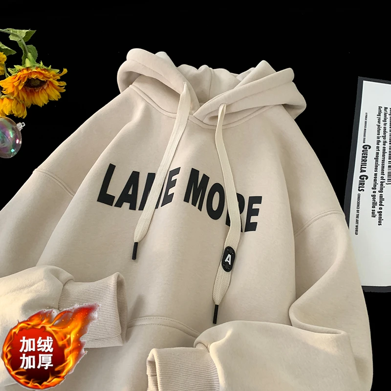 秋季青少年加厚男士卫衣厚款落肩袖连帽秋冬加绒美式校园连帽