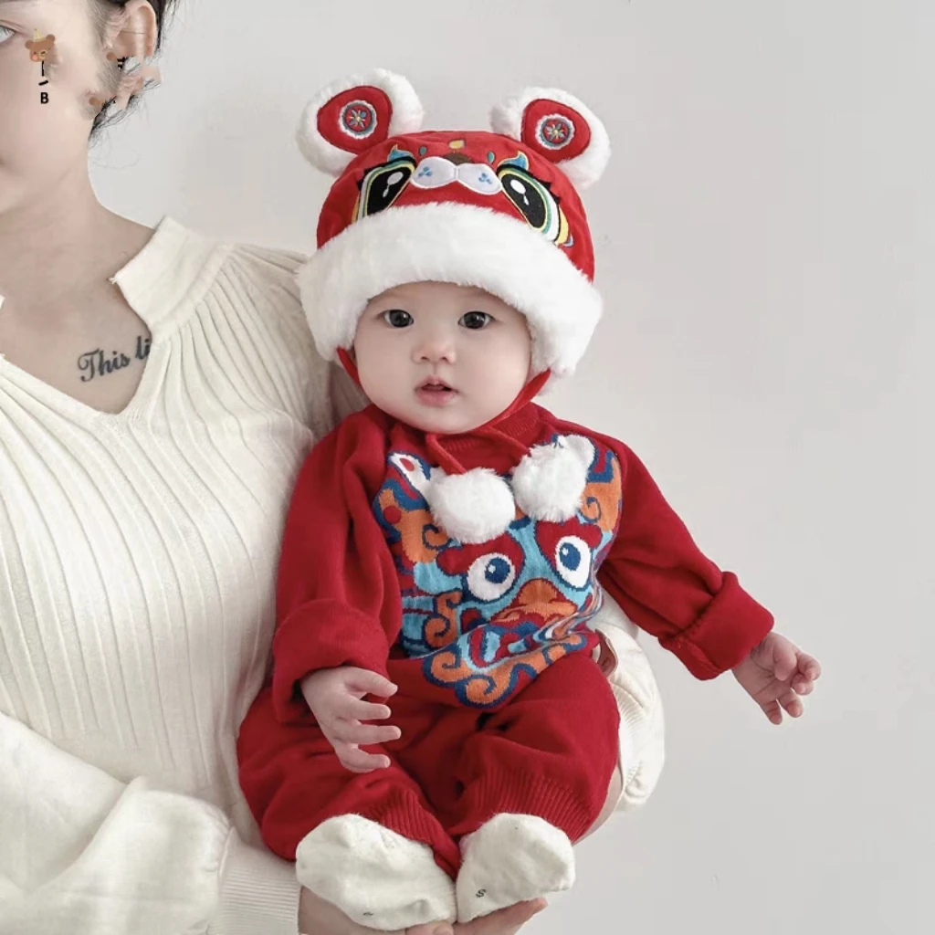 宝宝帽子红色虎头帽冬天加厚保暖套头雷锋帽婴幼儿喜庆新年过年帽