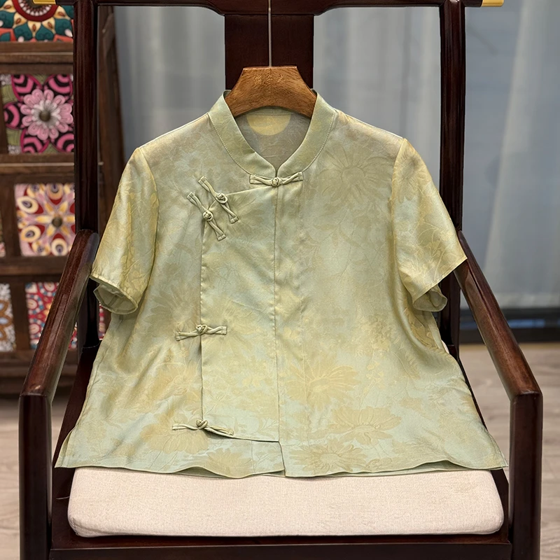 【跃光】新中式桑蚕丝流光绸立领短袖上衣日常夏季国风时尚T恤女装