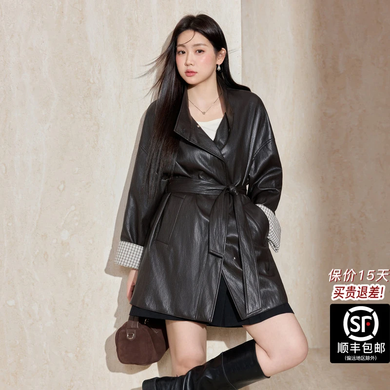 蓝语大码女装黑色翻领褶皱肌理PU皮皮衣2025秋冬新品收腰系带外套