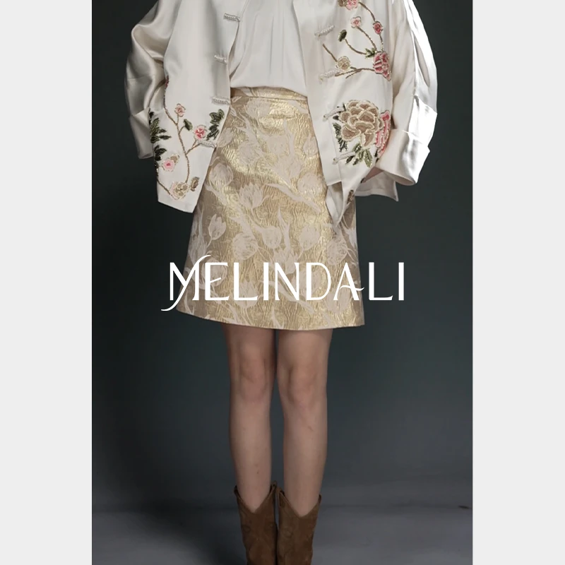 Melinda Li【浮光郁影】法式轻奢金丝色织郁金香提花高腰A字半裙
