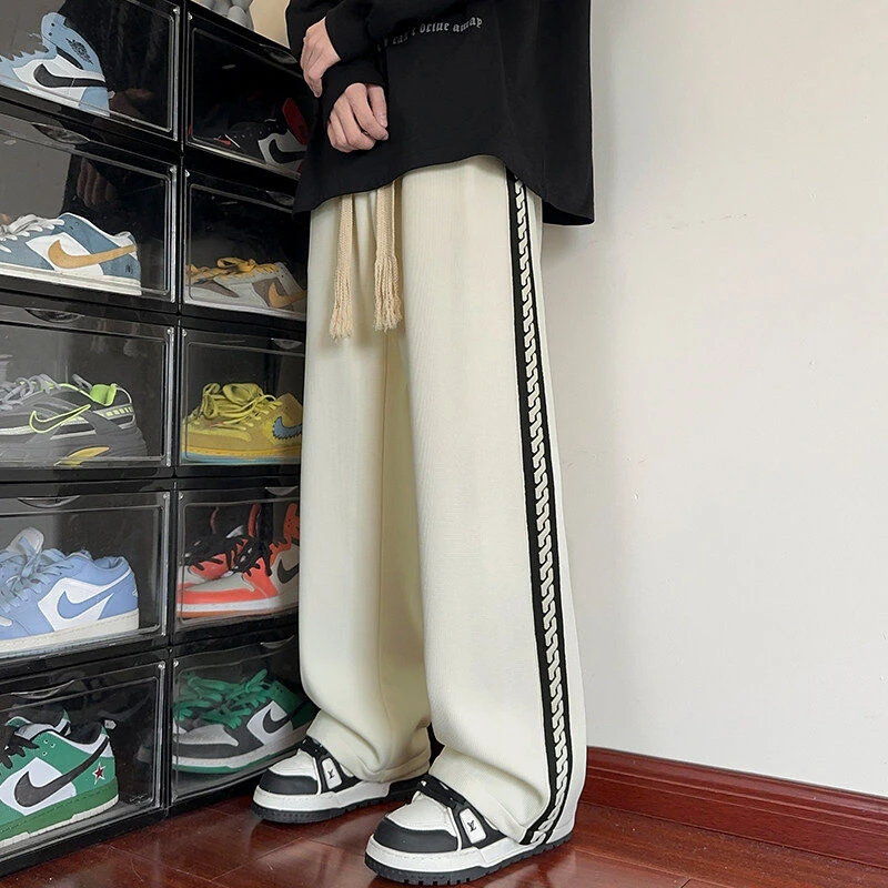 拼接男士潮流织带菠萝格春季新款宽松拖地阔腿日常百搭直筒休闲裤