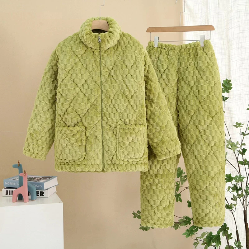 新款秋冬季睡衣女士三层加厚夹棉珊瑚绒保暖家居服套装可外穿加绒