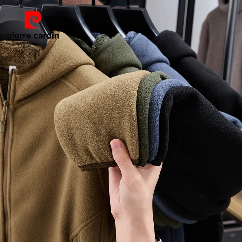 皮尔卡丹秋冬季新款男士连帽加绒加厚摇粒绒卫衣外套休闲百搭保暖