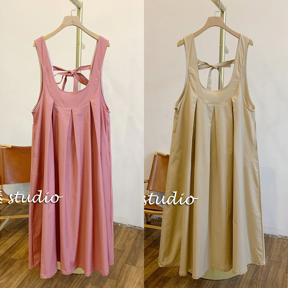 草莓牛奶C3372背后系带松紧圆领背心裙