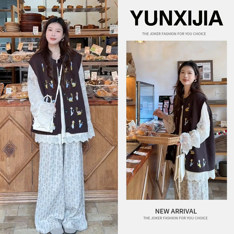 【现货】提花宽松春季时尚百搭设计感马夹上衣针织马甲裤子三件套