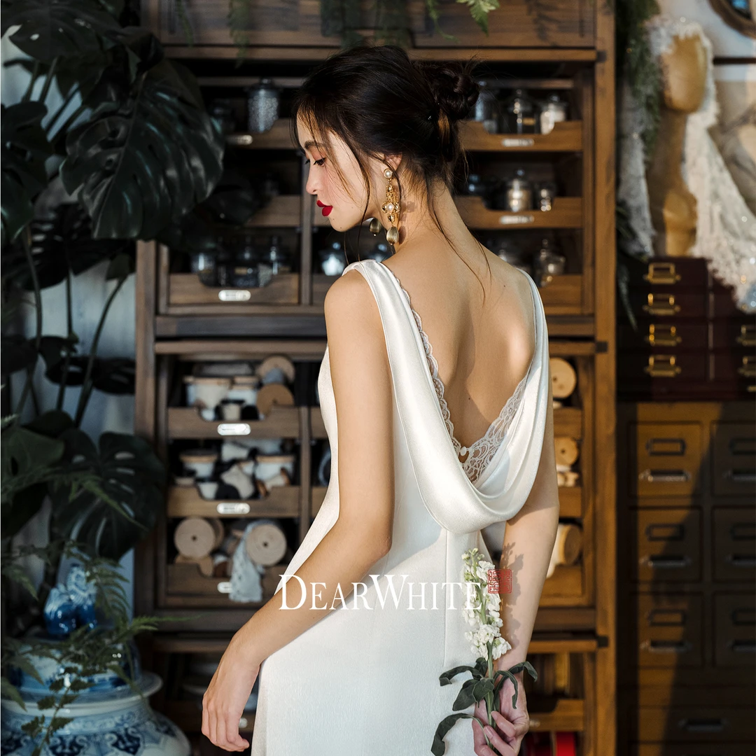 亲爱的白原创《清晨》缎面鱼尾婚纱主纱法式新娘简约白色迎宾礼服