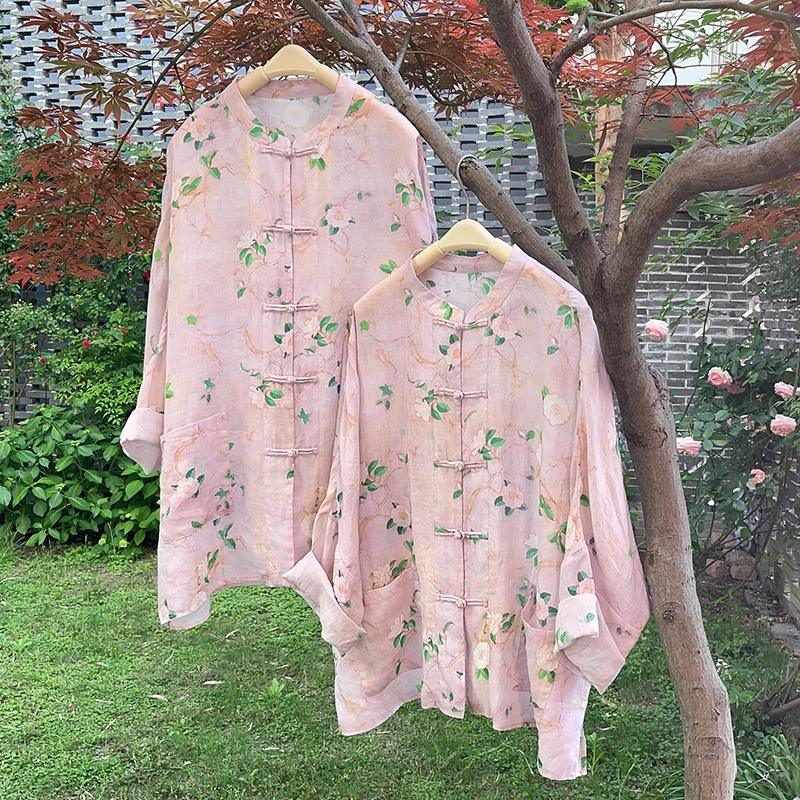 【莫奈花园】夏国风新中式手工盘扣印花苎麻宽松防晒服开衫 51596