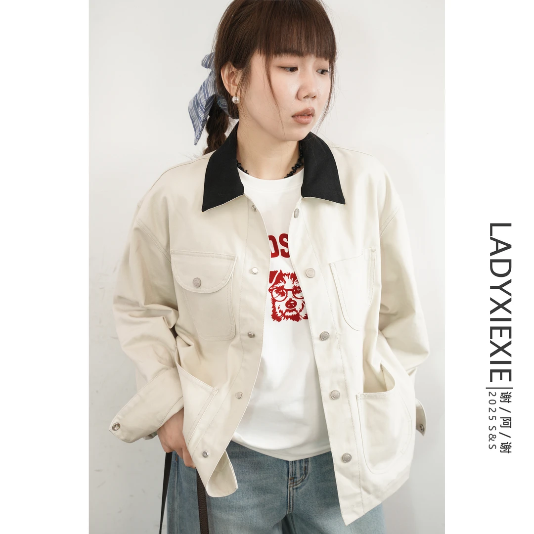 【LADYXIEXIE】复古巴恩风翻领拼接牛仔外套女宽松