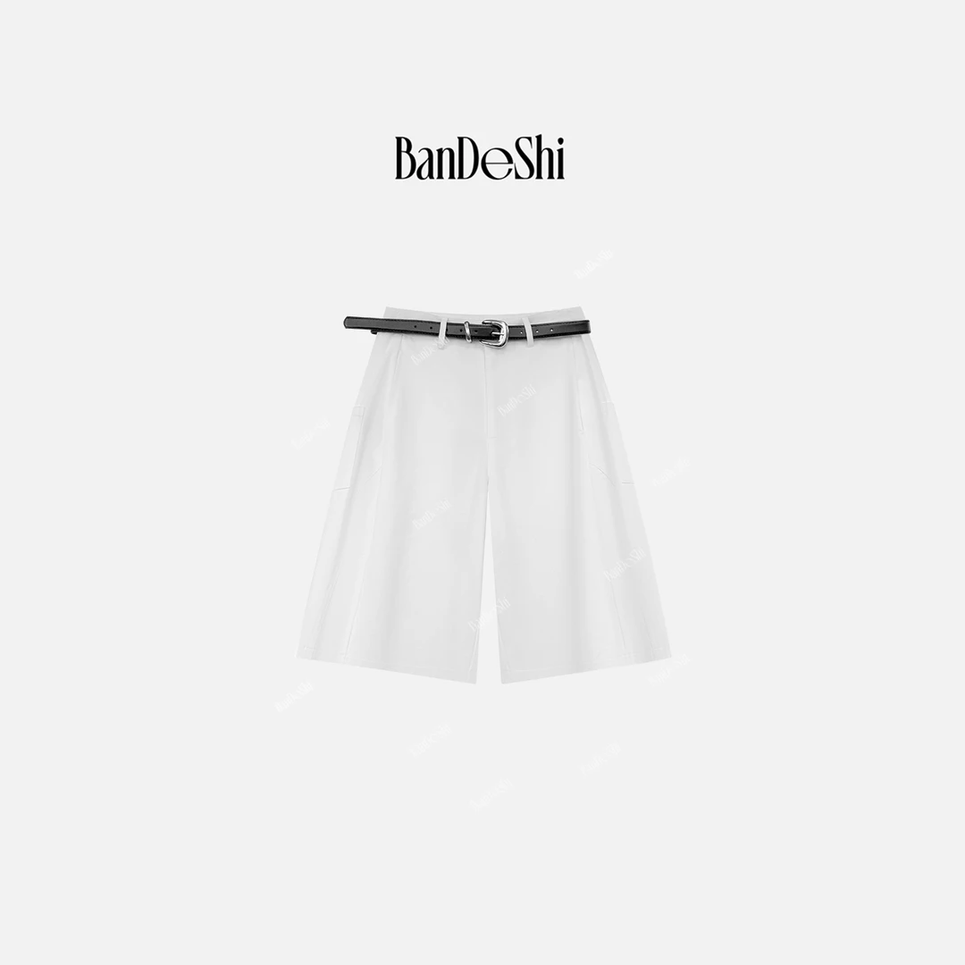 【C2930】班德施-短裤女夏季休闲卡其色高腰中裤女五分阔腿裤SS