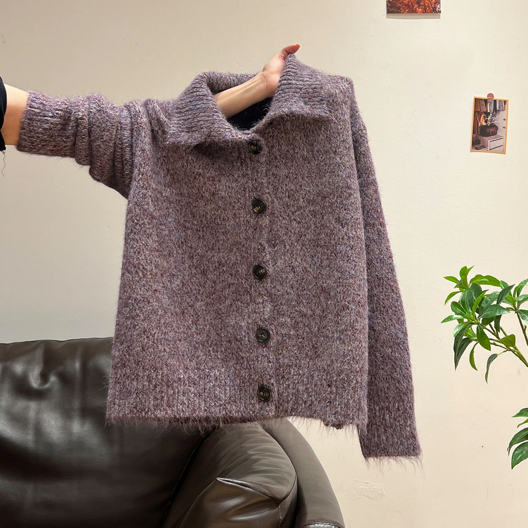 慵懒风翻领加厚长袖毛衣外套女2025秋冬季立领针织开衫高级感上衣