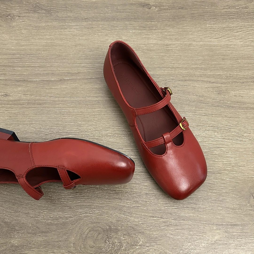 Dannyfrey春季方头平底浅口单鞋奶奶鞋软底圆头鞋子复古平底鞋