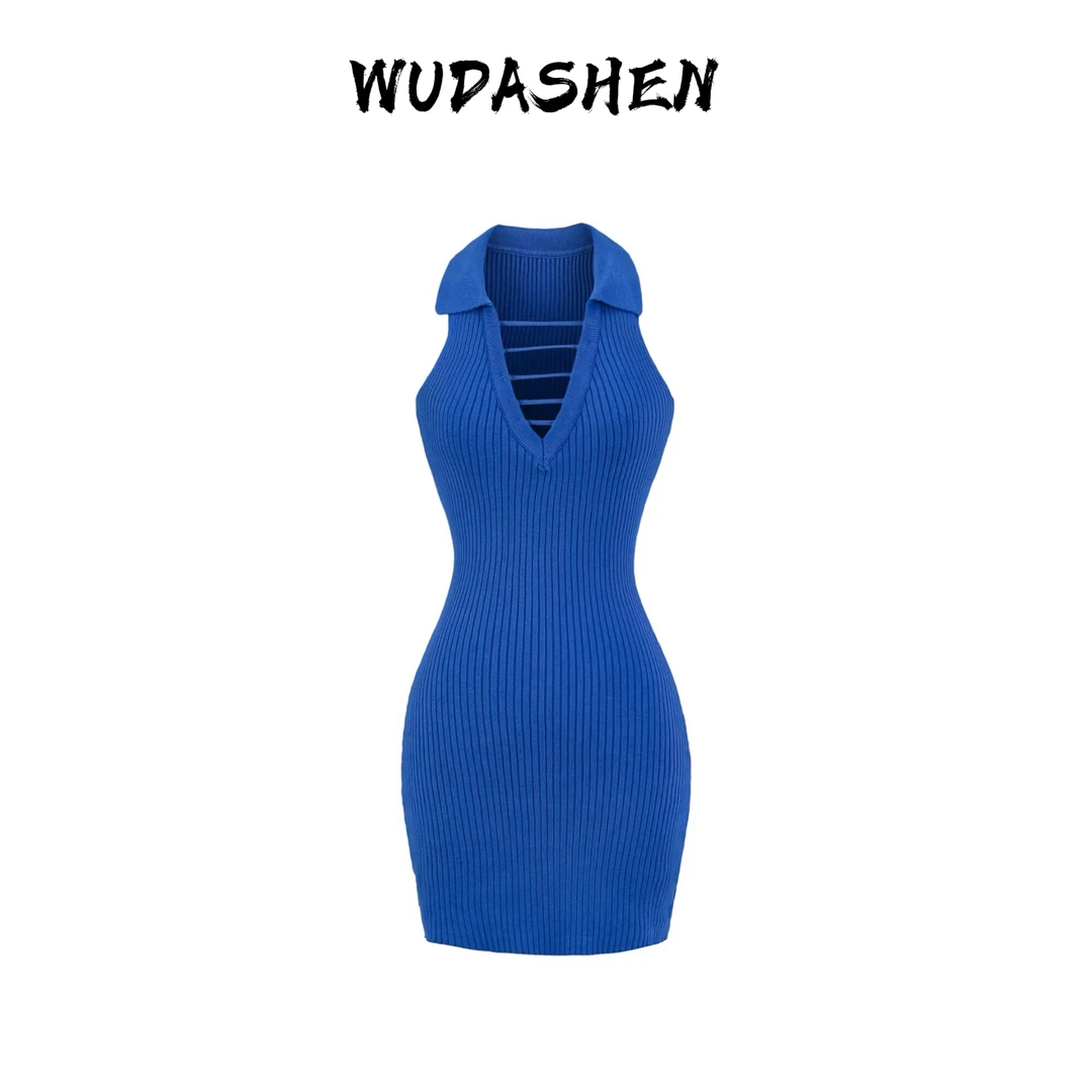 【你伍老板娘】“秀场日记”polo 领胸前交叉无袖背心针织连衣裙短款