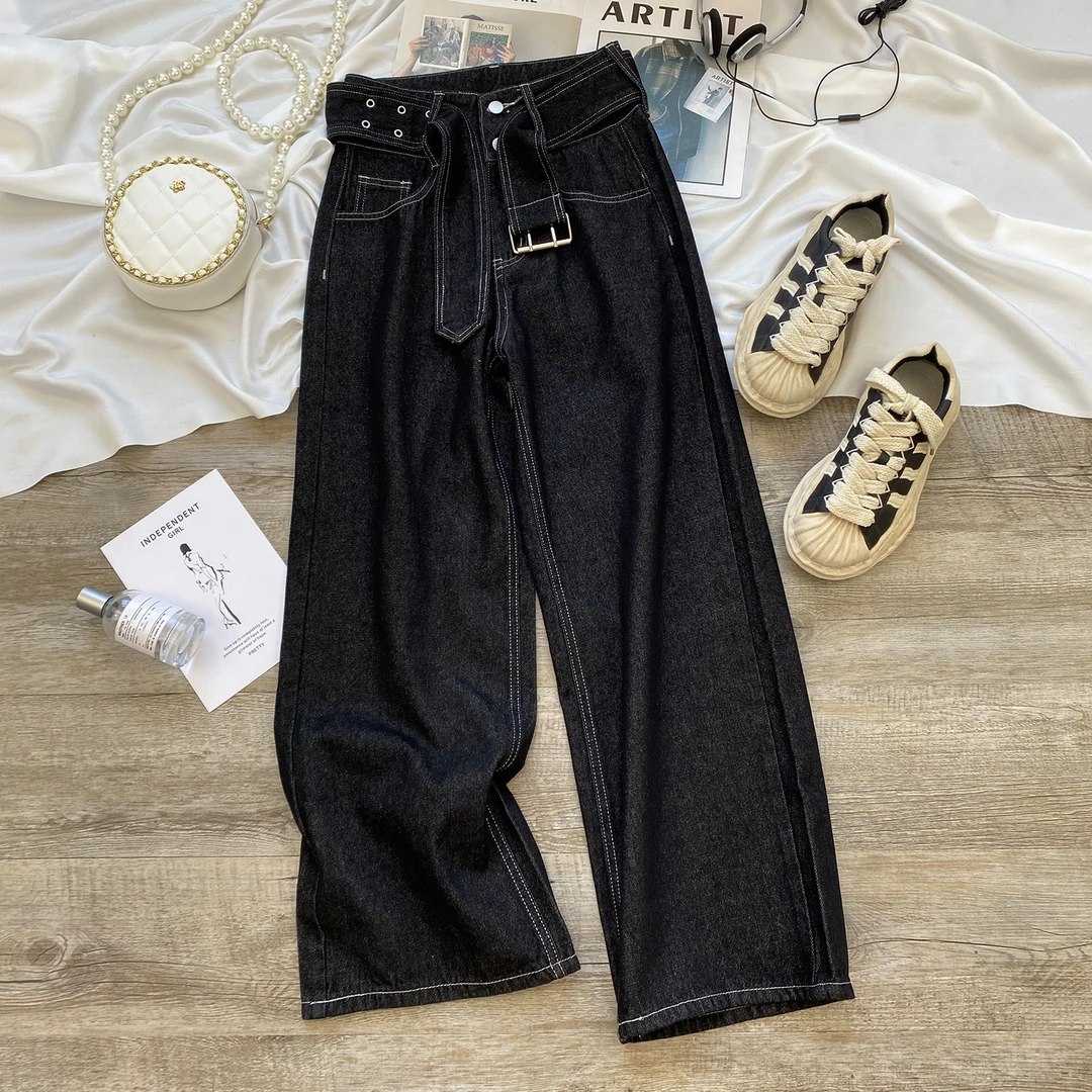 设计感腰带阔腿牛仔裤女2025年新款春秋爆款宽松高腰显瘦直筒裤子