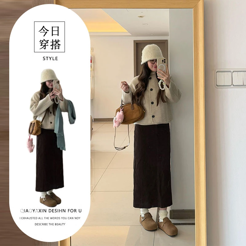 韩系高级感穿搭套装女秋冬季新款圆领呢子外套高腰直筒裙两件套装