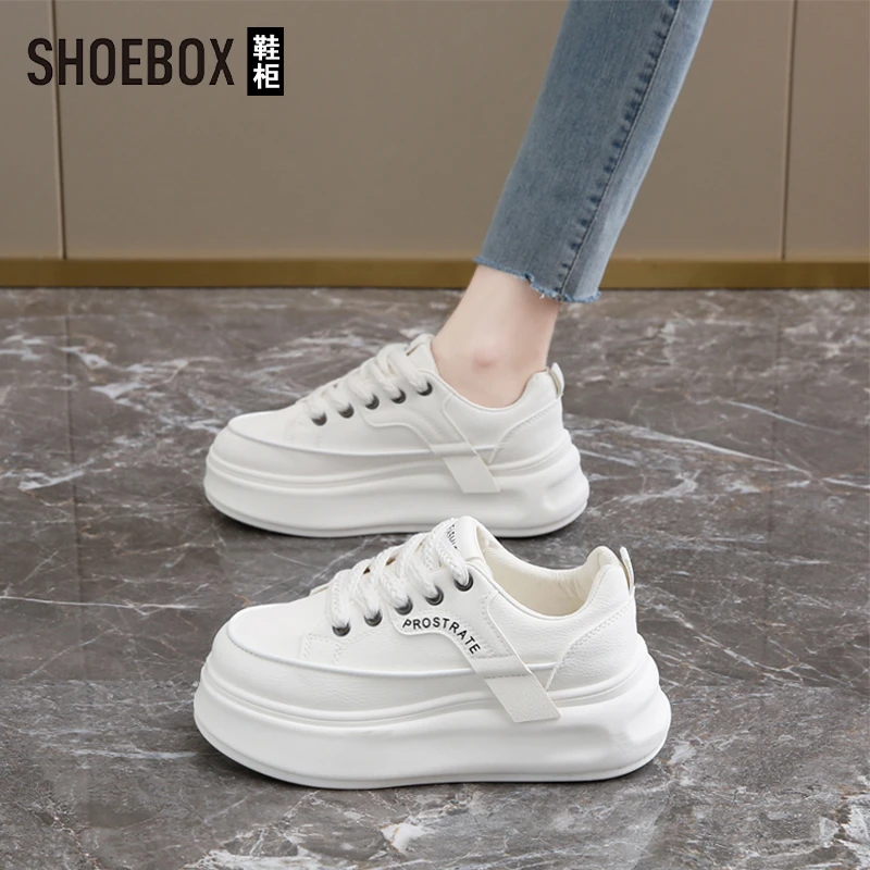 SHOEBOX鞋柜厚底小白鞋女2025新款春季软底百搭皮面休闲板鞋女