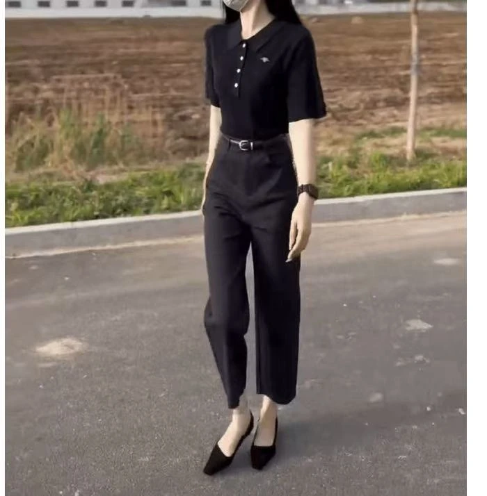 新款时尚短袖翻领上衣修身显瘦裤子潮流女装