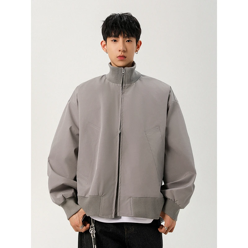 bomber灰色美式复古飞行员夹克男秋季cleanfit短款外套立领冲锋衣