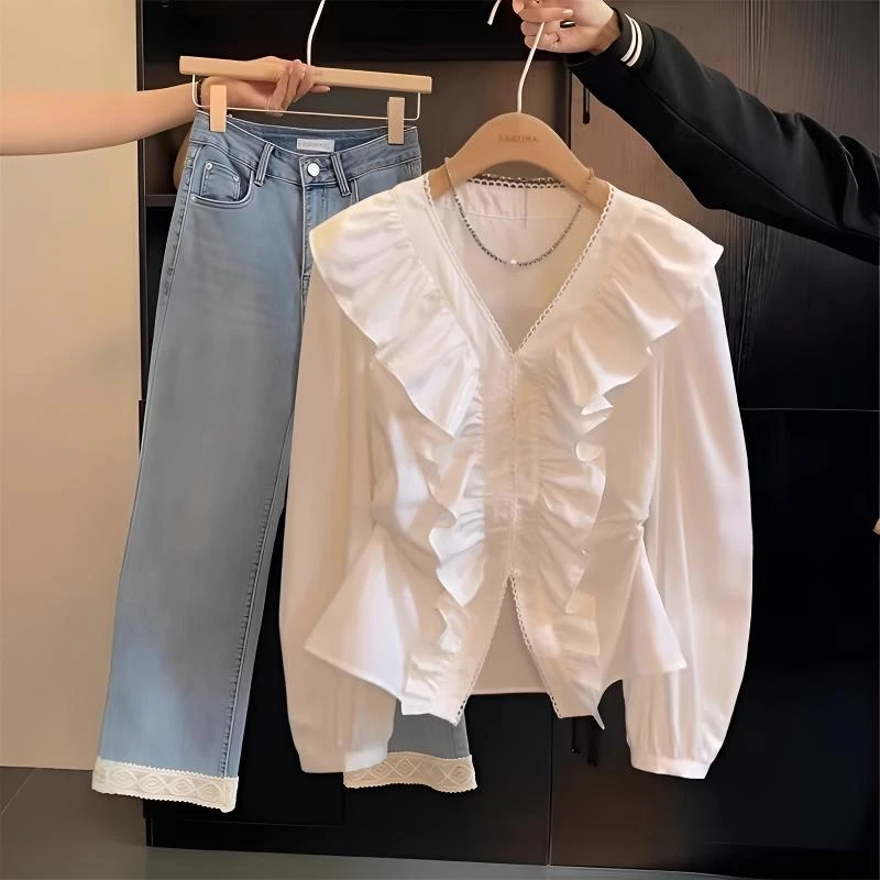 法式洋气荷叶边v领白色衬衫女士2025春秋大码收腰显瘦欧货上衣