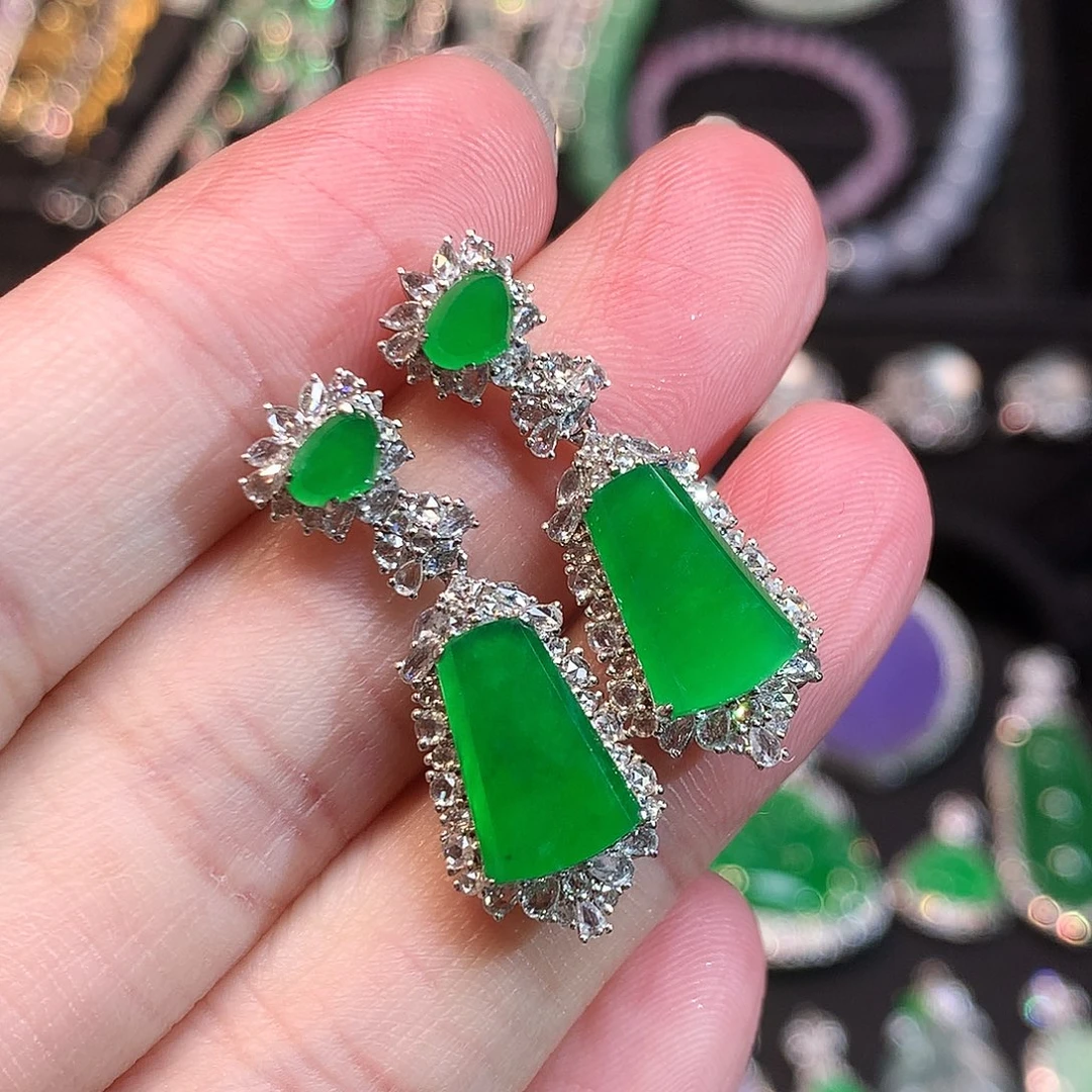 翡翠18K金镶嵌耳饰高冰正阳绿无事牌耳坠